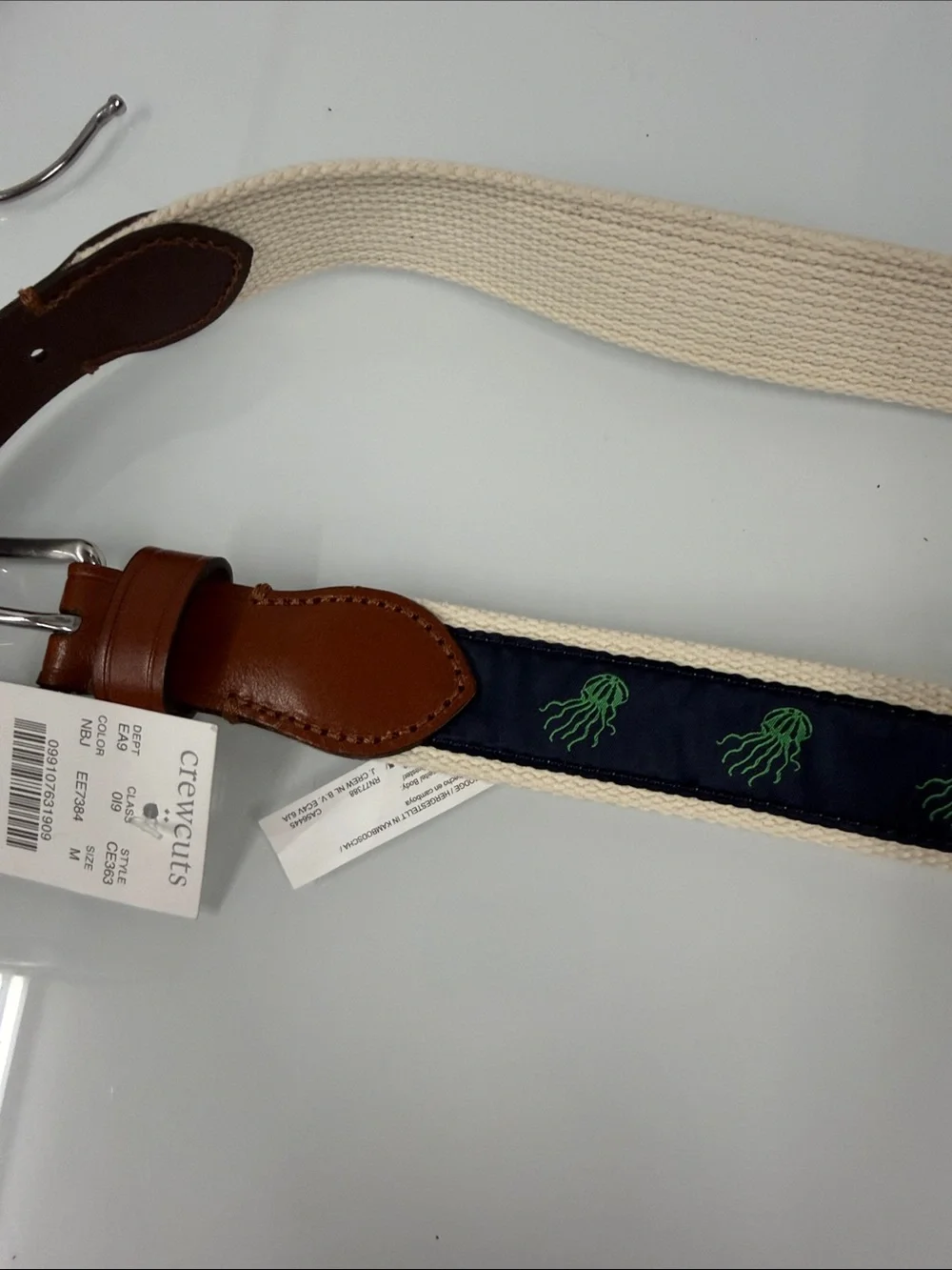 Crewcuts Navy Jellyfish Ribbon Belt with Brown Leather Trim M new